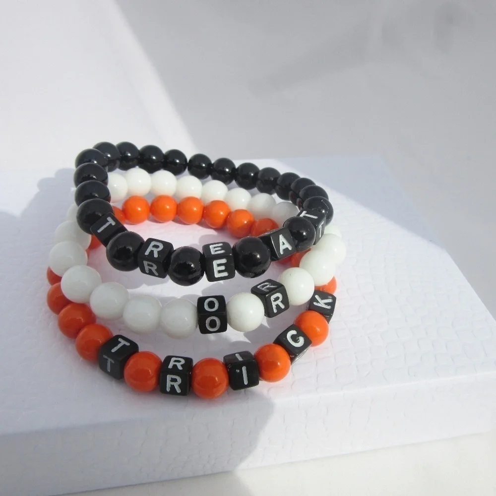 Hand Crafted Bracelets Stack 3 Trick or Treat Halloween Stretch Orange Black Med